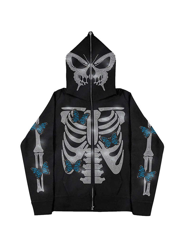 Sudadera con capucha extragrande con diamantes de imitación y mariposa esqueleto para hombre-4