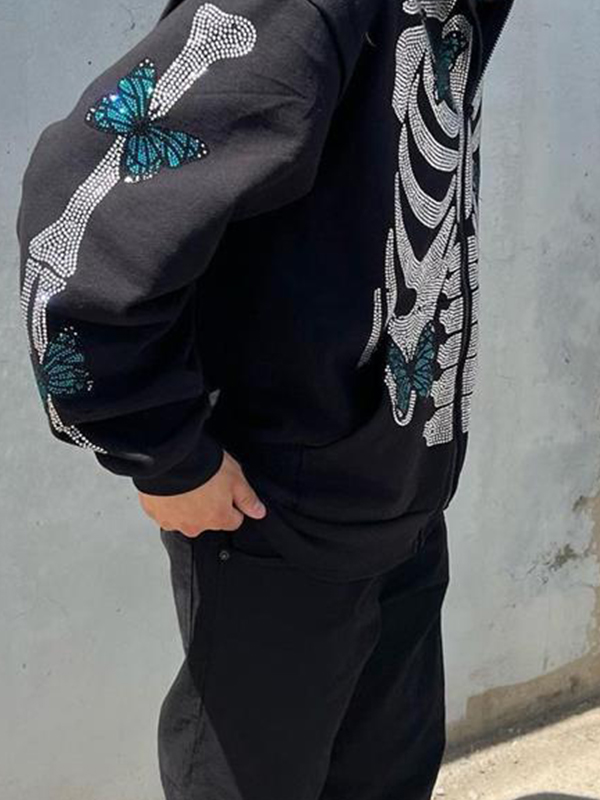 Sudadera con capucha extragrande con diamantes de imitación y mariposa esqueleto para hombre-3