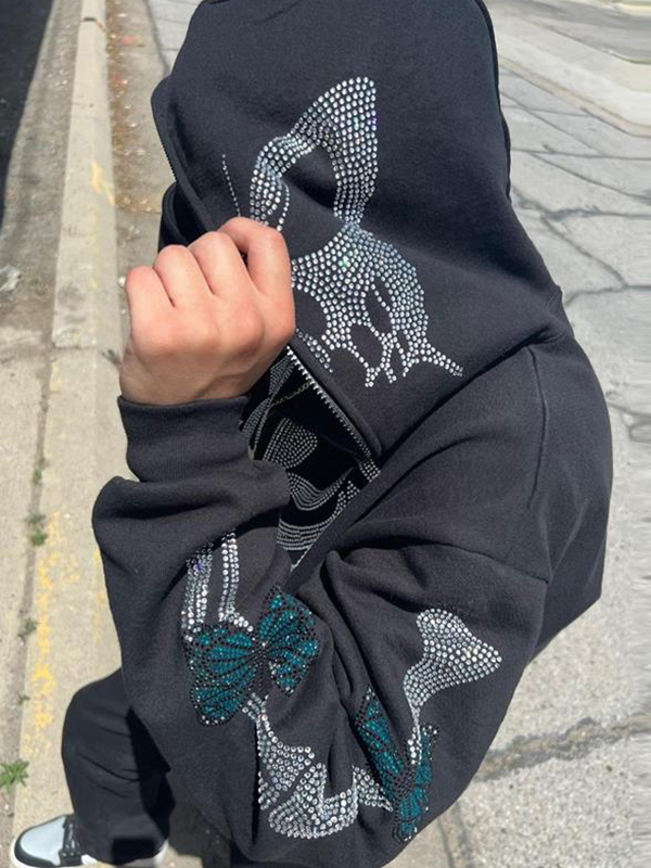 Sudadera con capucha extragrande con diamantes de imitación y mariposa esqueleto para hombre-2