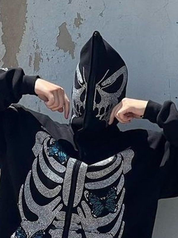 Sudadera con capucha extragrande con diamantes de imitación y mariposa esqueleto para hombre-1