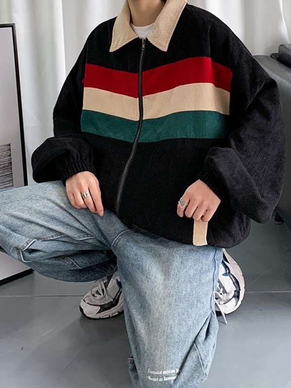 Chaqueta de pana de corte holgado a rayas para hombre-4