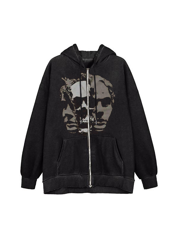 Sudadera con capucha extragrande con cremallera y estampado de retrato de calavera-1